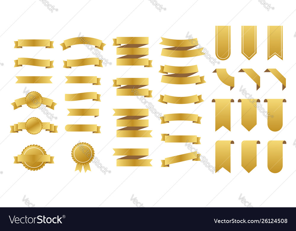 Gold ribbons banners set stock