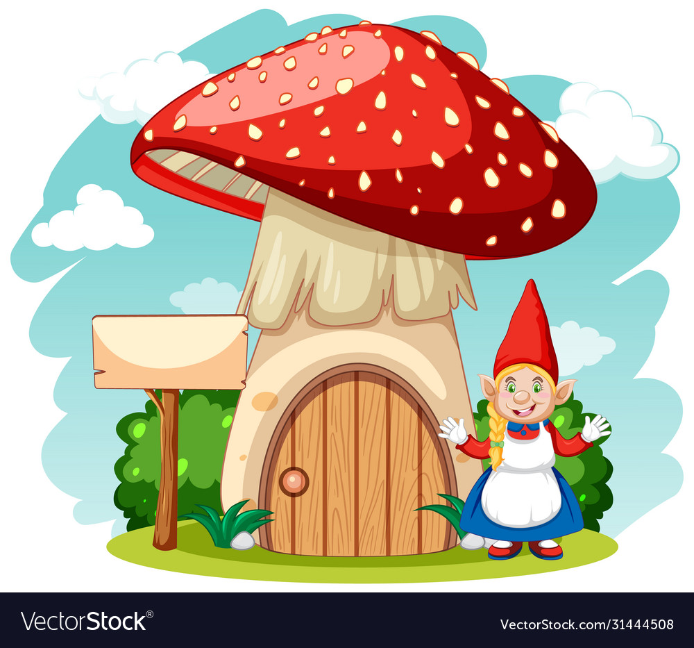Mushroom house with gnome in cartoon style Vector Image Mushroom house with gnome in cartoon style Vector Image