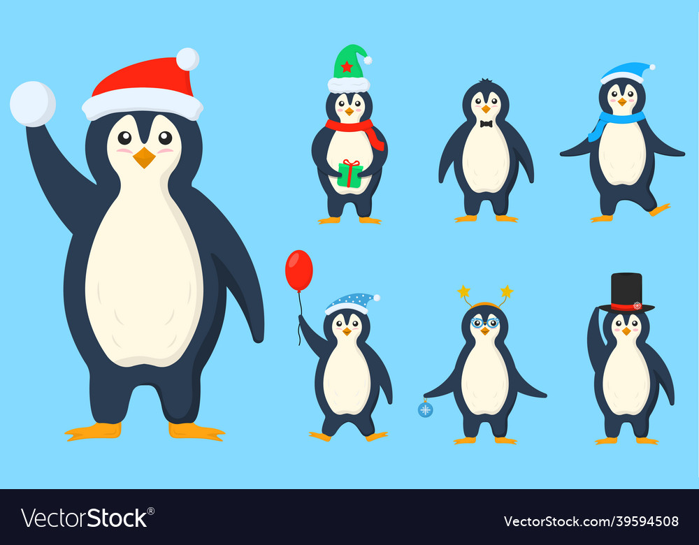 Penguins characters in warm clothes flat design Vector Image