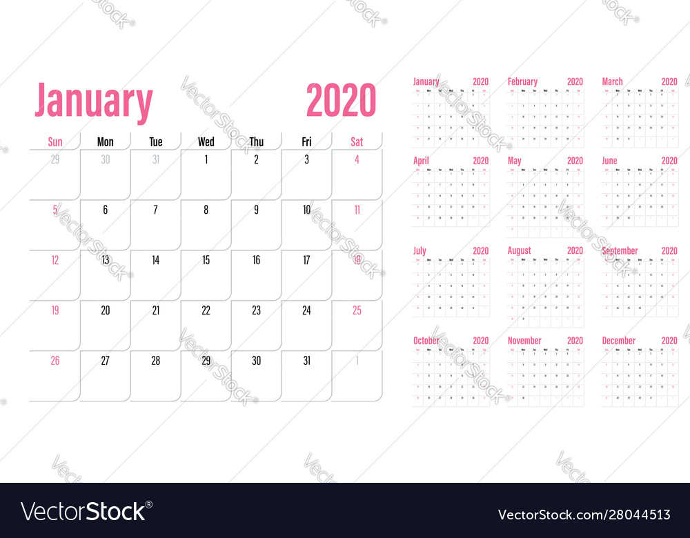 Calendar planner 2020 template vector image Calendar planner 2020 template