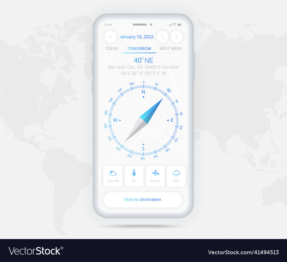 Compass app ui ux gui concept map gps vector image Compass app ui ux gui concept map gps