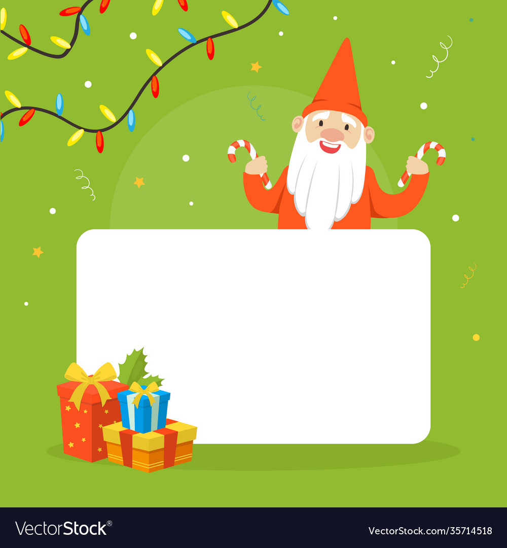 Christmas gnome holding blank banner winter