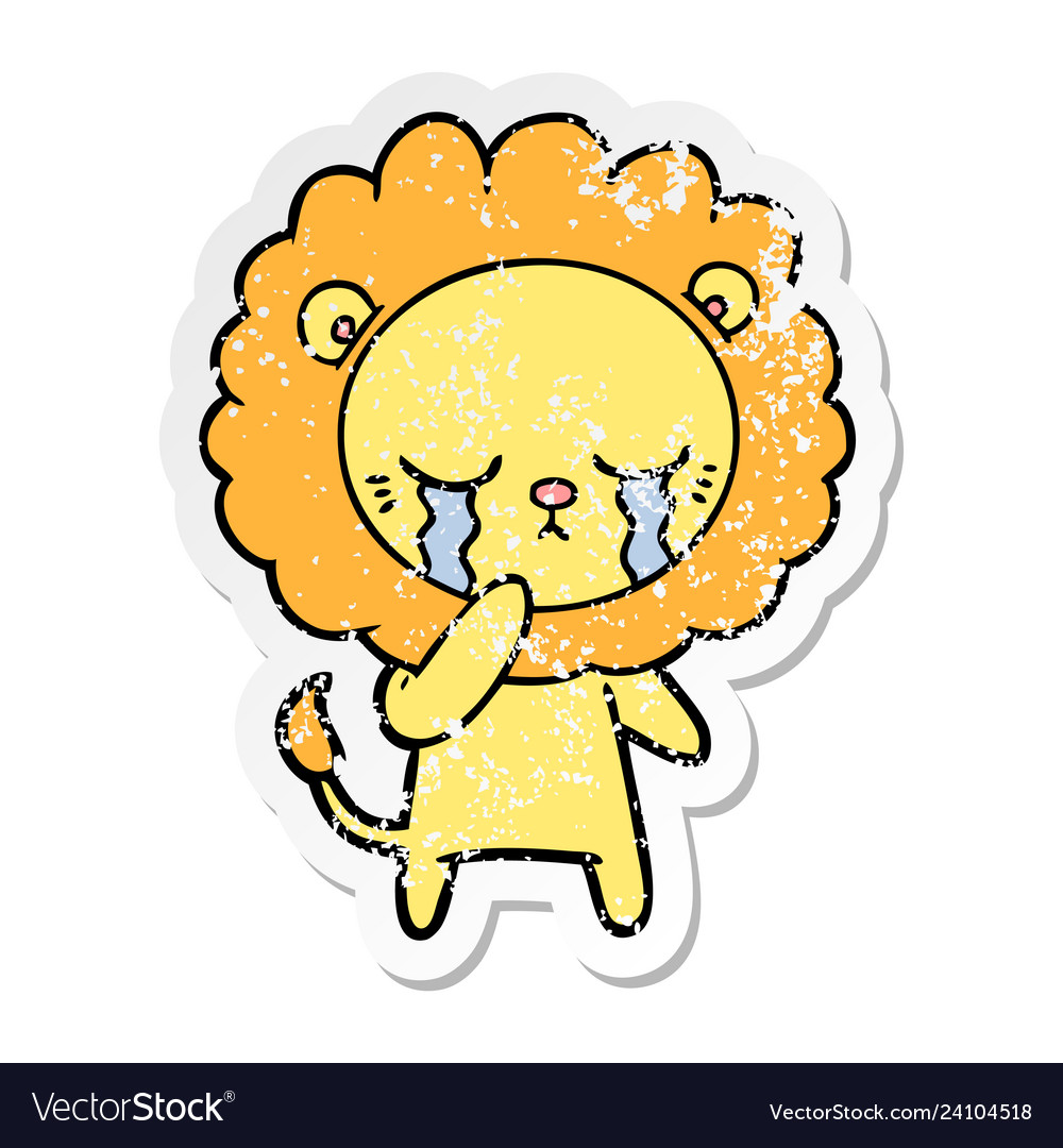 Distressed sticker of a crying cartoon lion