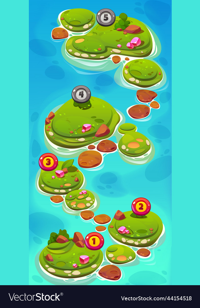 Game level map with green islands in sea and icons