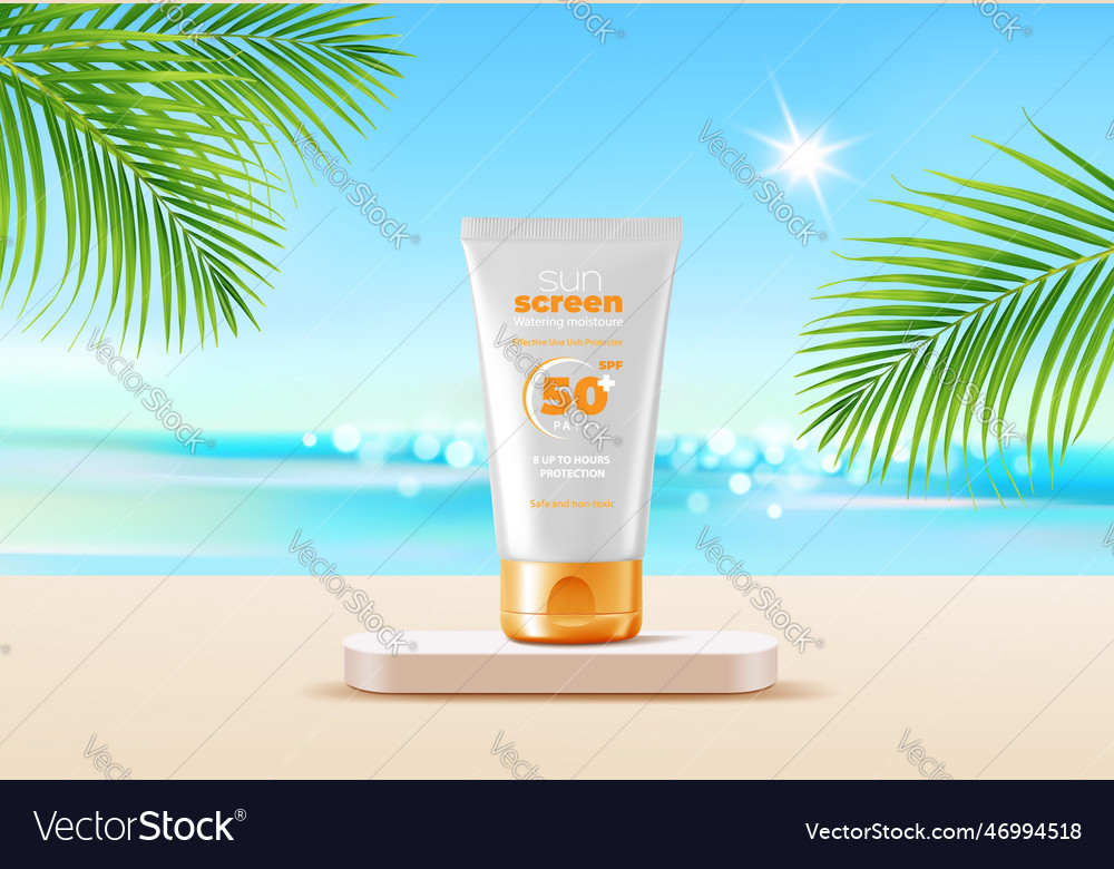 Ocean beach round podium with sunscreen cream Vector Image