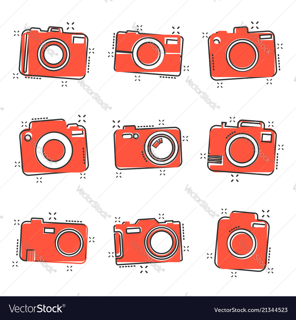 Cartoon photo camera set icon in comic style