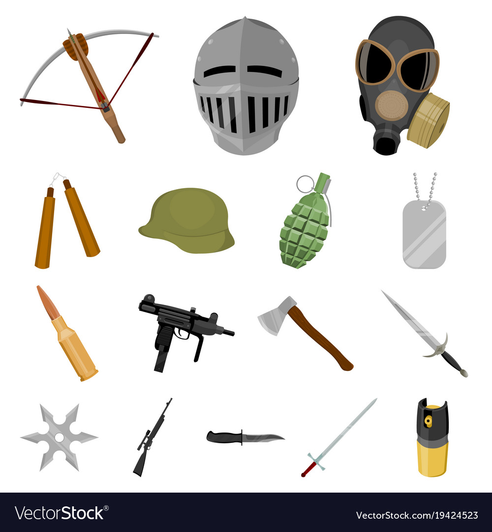 Types of weapons cartoon icons in set collection