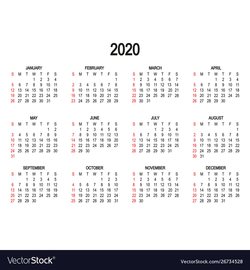 Calendar template 2020 day week starts Royalty Free Vector