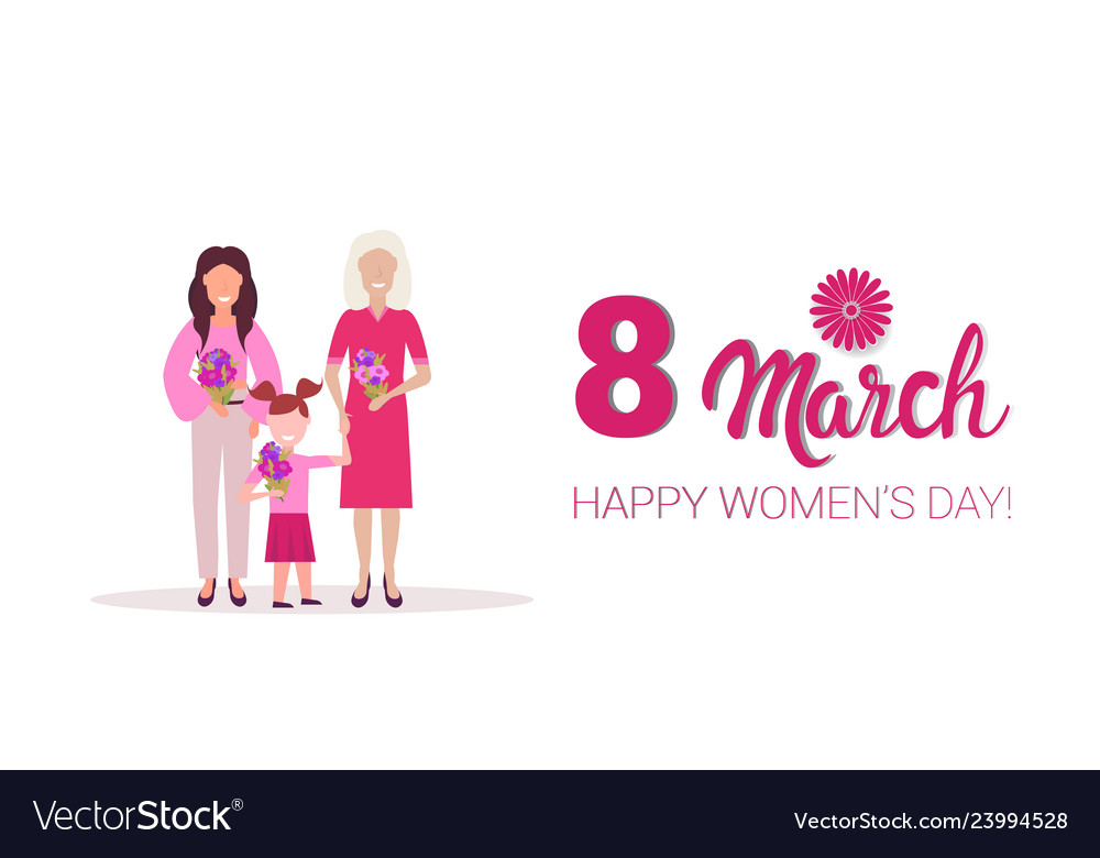 Happy three generations women holding flowers Vector Image