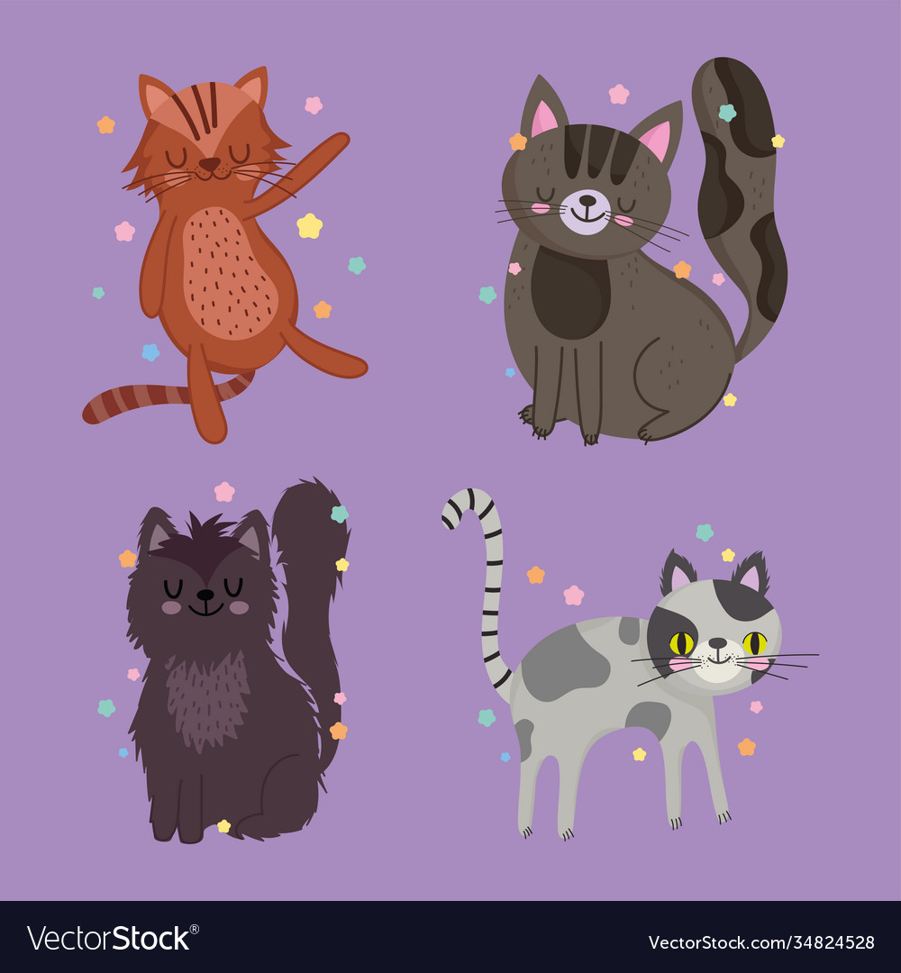 Set different cats pet animal cartoon violet