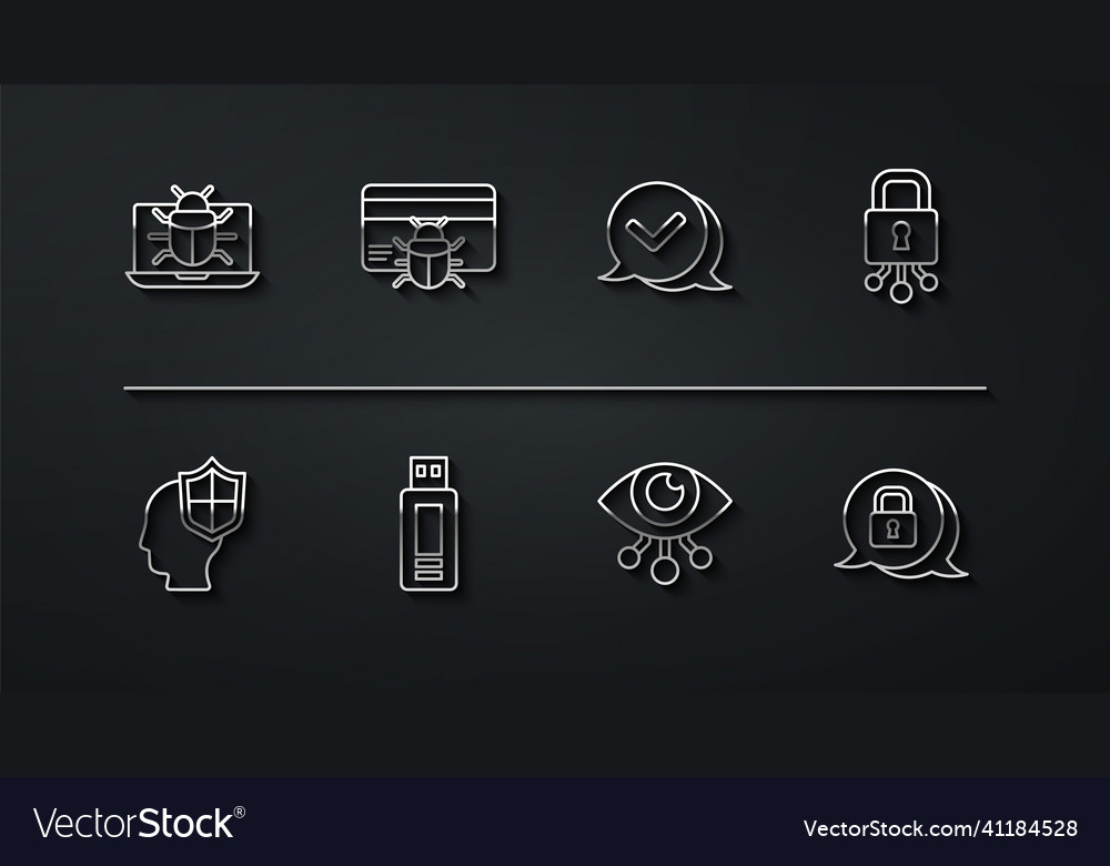 Set line system bug on monitor head with shield vector image Set line system bug on monitor head with shield