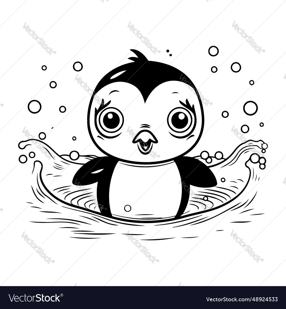 Cute penguin swimming in the sea hand drawn