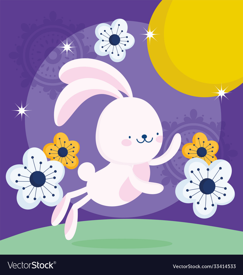 Happy Mid Autumn Festival Funny Bunny Flowers Vector Image