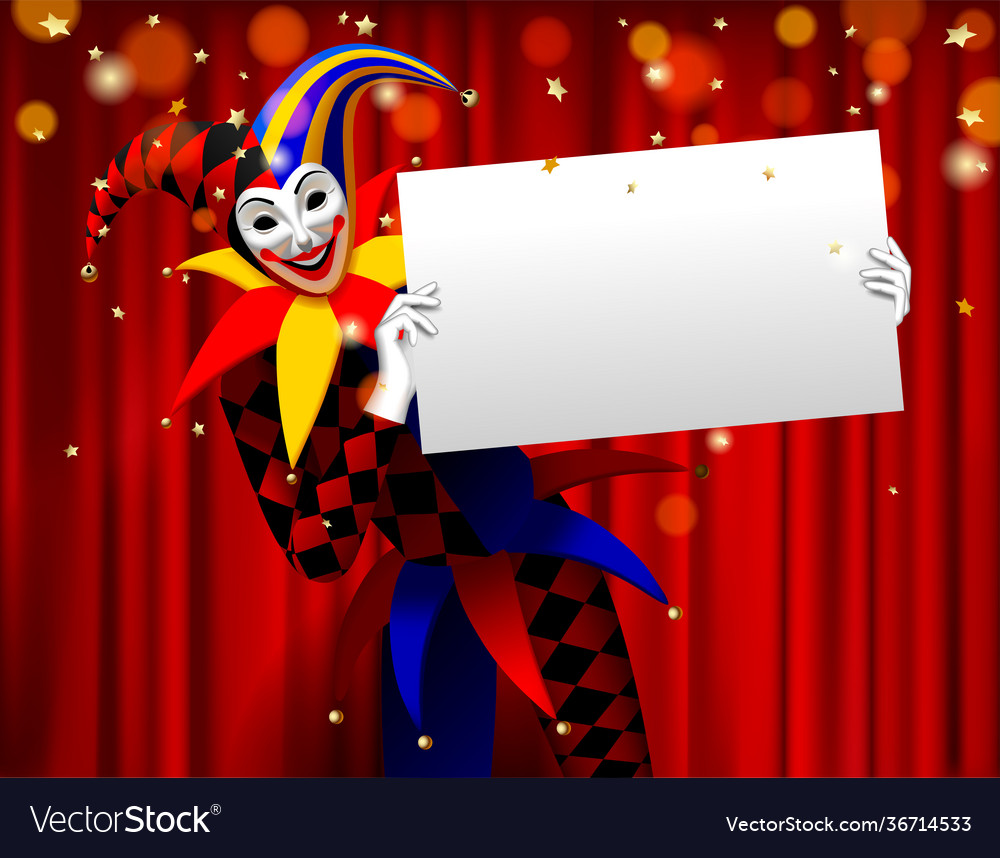 Joker holding a white banner in hands against vector image Joker holding a white banner in hands against