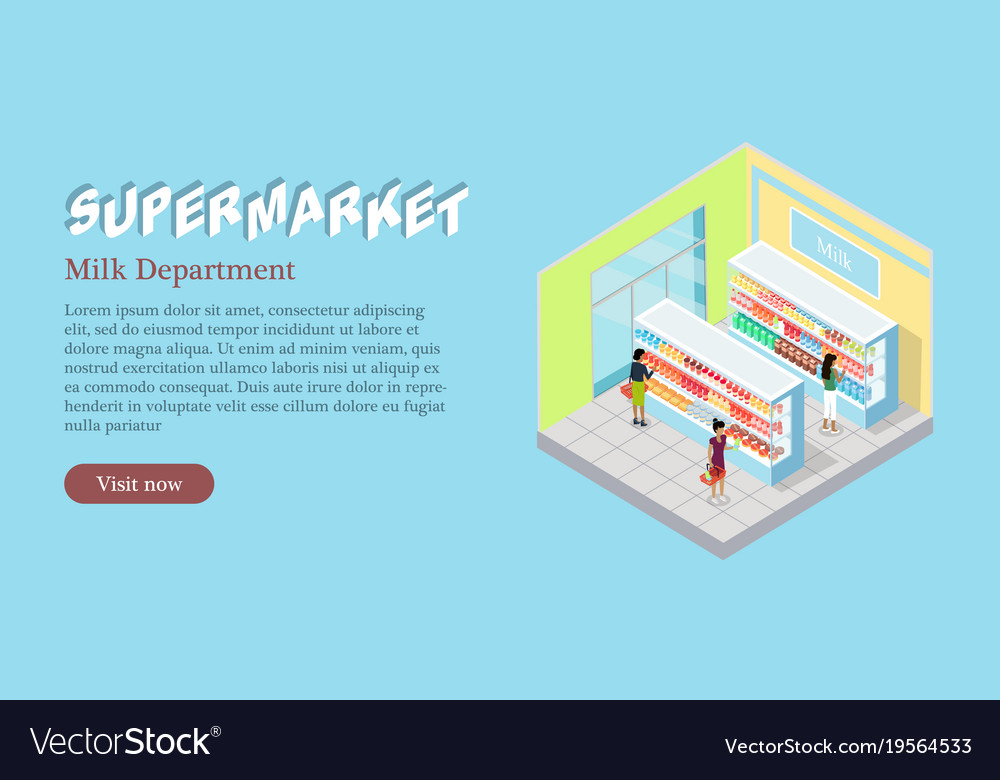 Supermarket milk department isometric web banner Vector Image