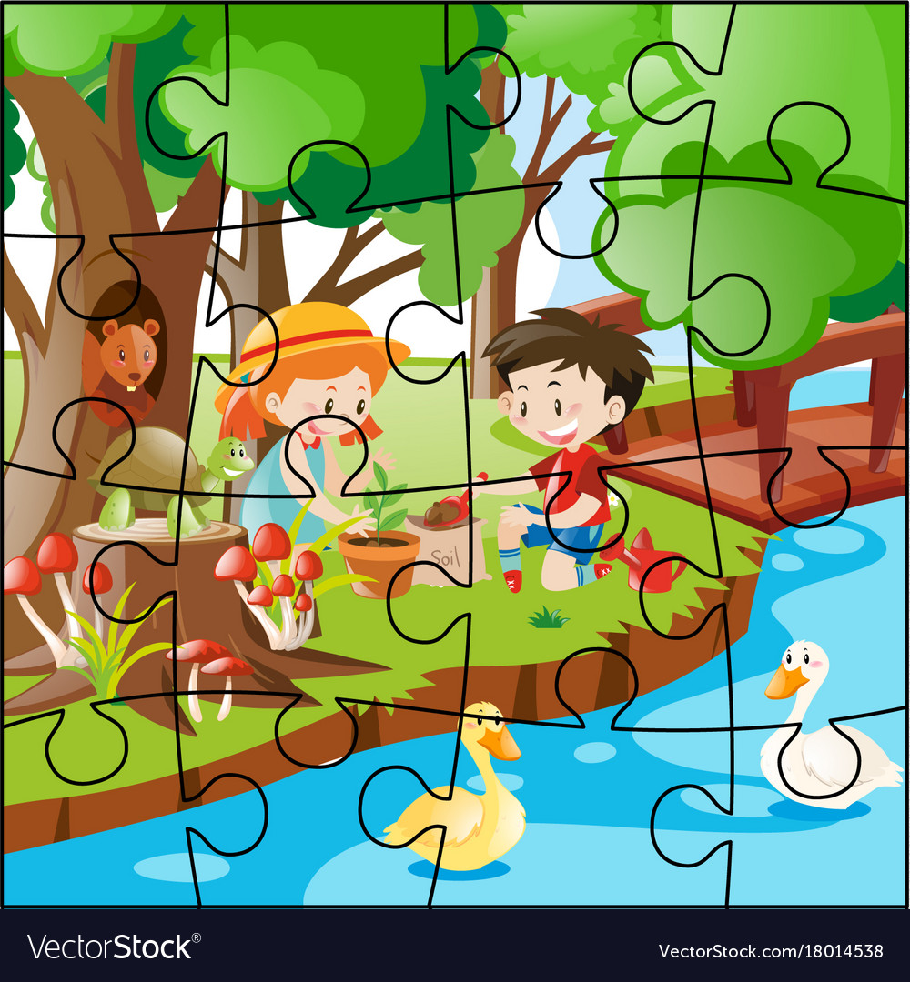 Jigsaw Puzzle With Kids Planting Trees Vector 18014538 