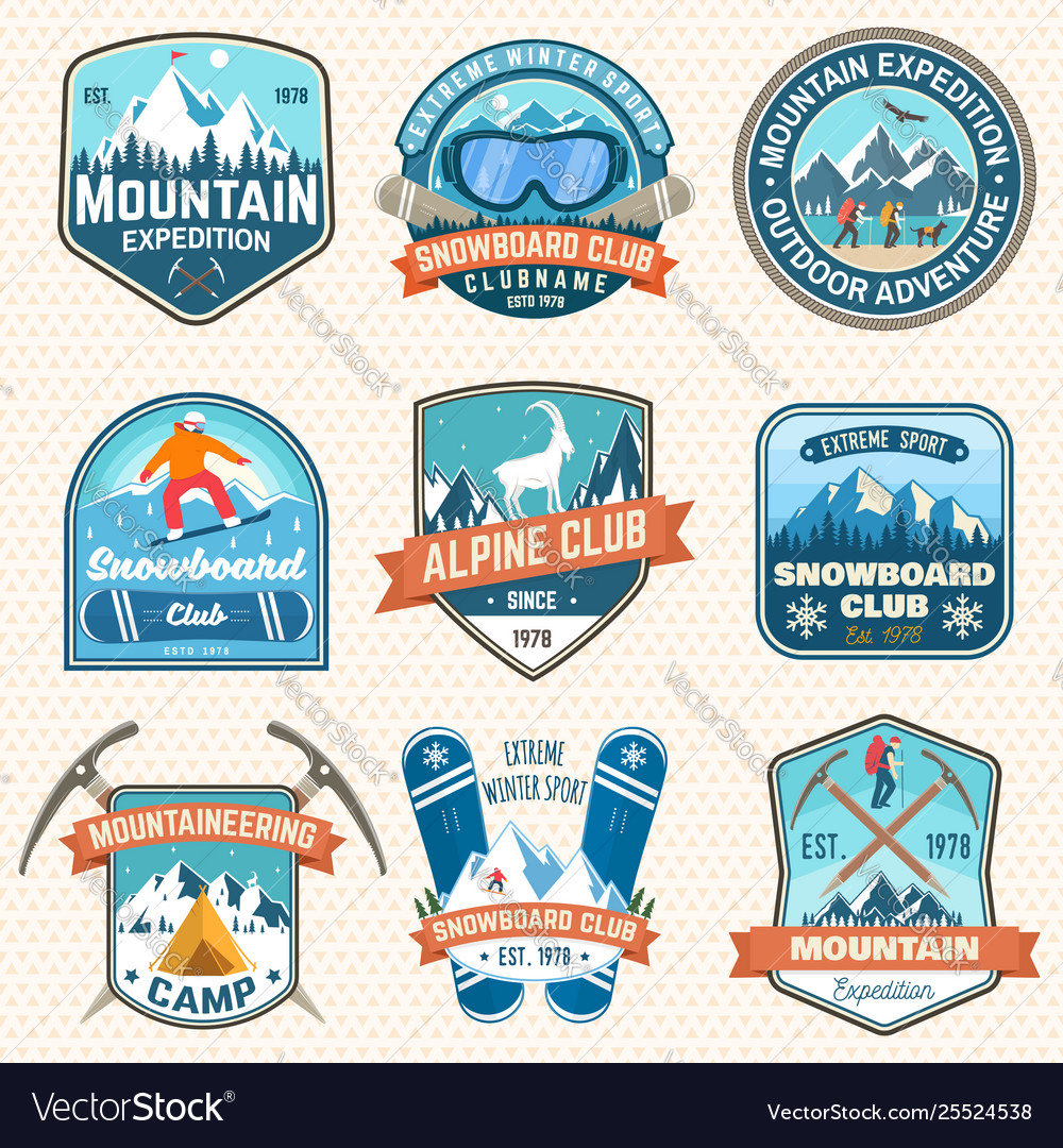 Set mountain expedition and snowboard club Vector Image