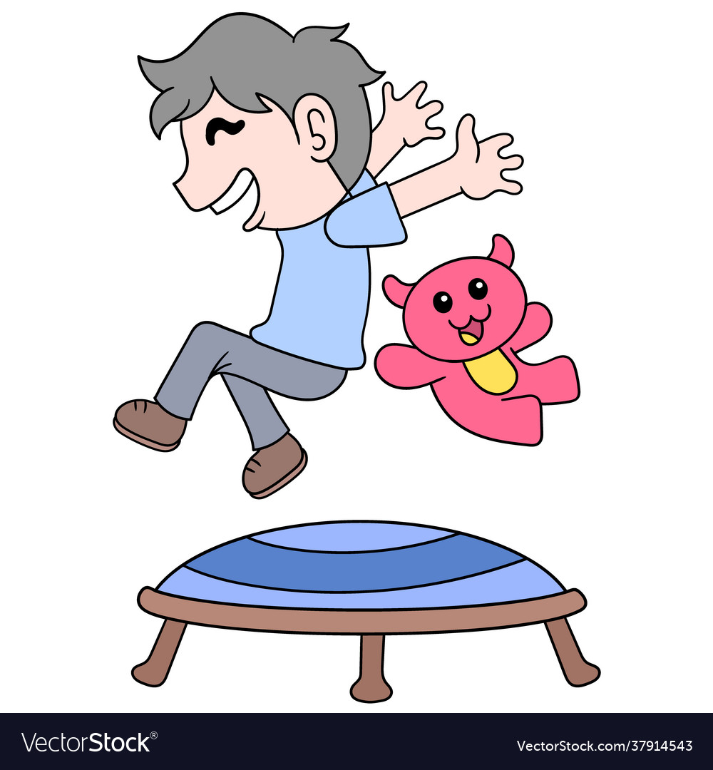 Boy and teddy bear jumping on trampoline when