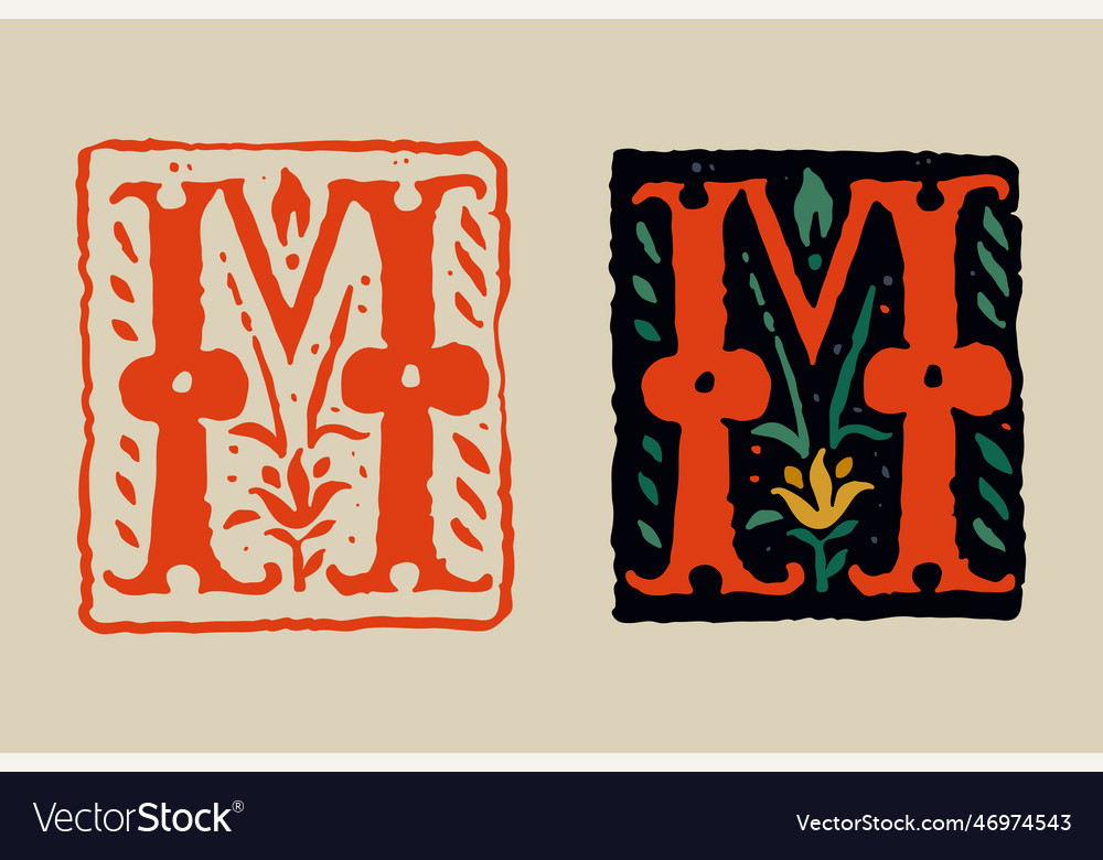 M letter medieval grunge gothic initial 16th Vector Image