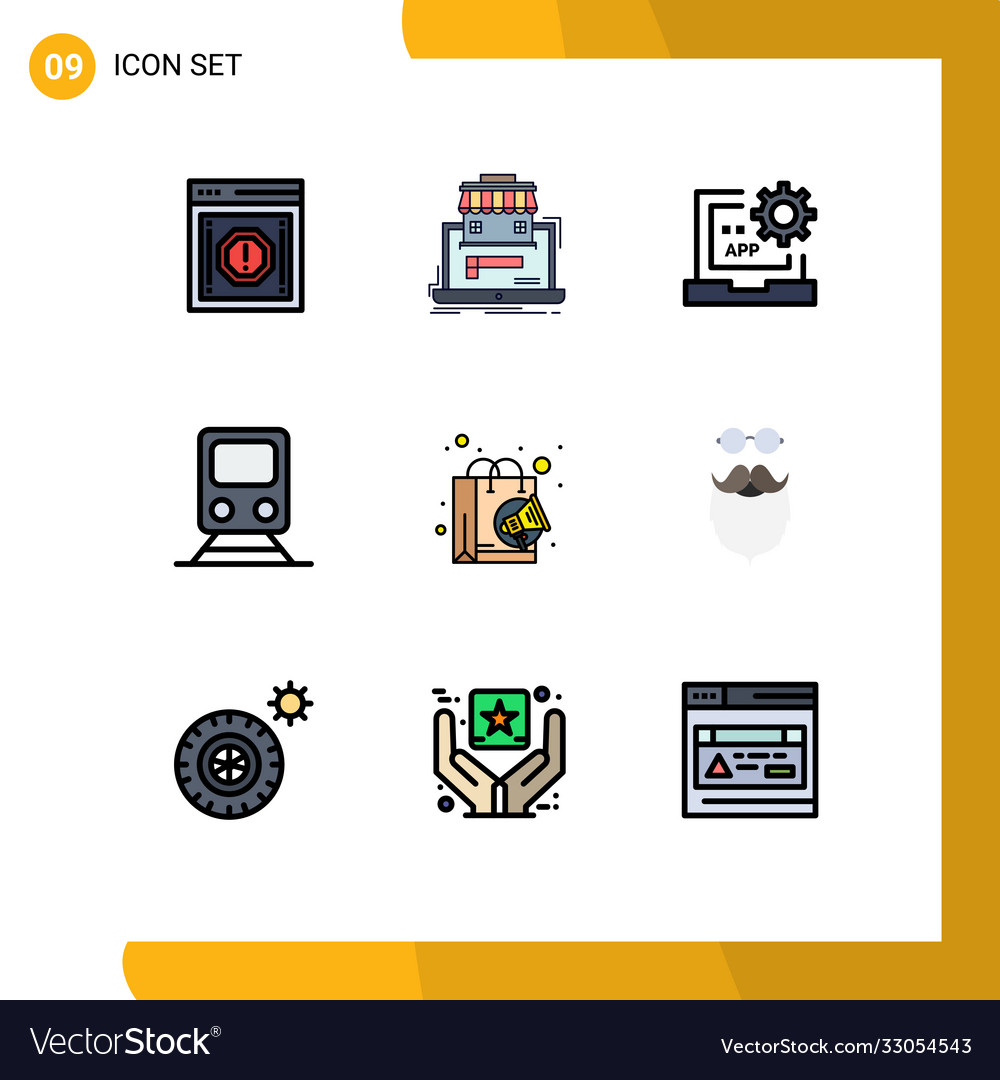 Modern set 9 filledline flat colors pictograph