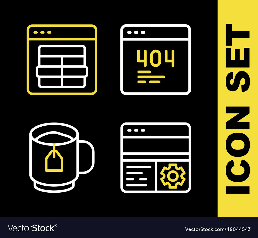 Set line page with a 404 error debugging cup vector image Set line page with a 404 error debugging cup