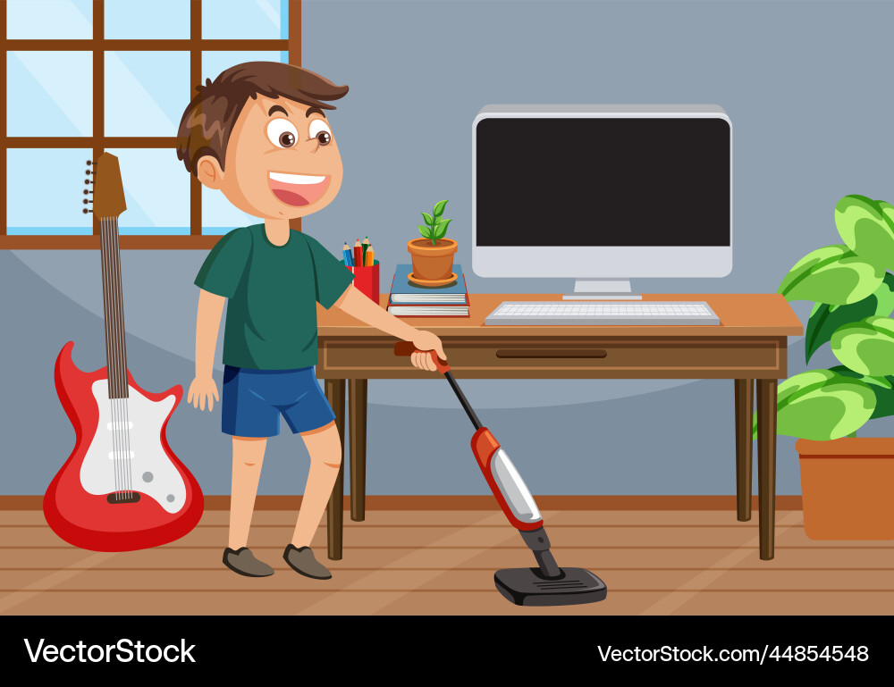 A boy cleaning the living room Royalty Free Vector Image
