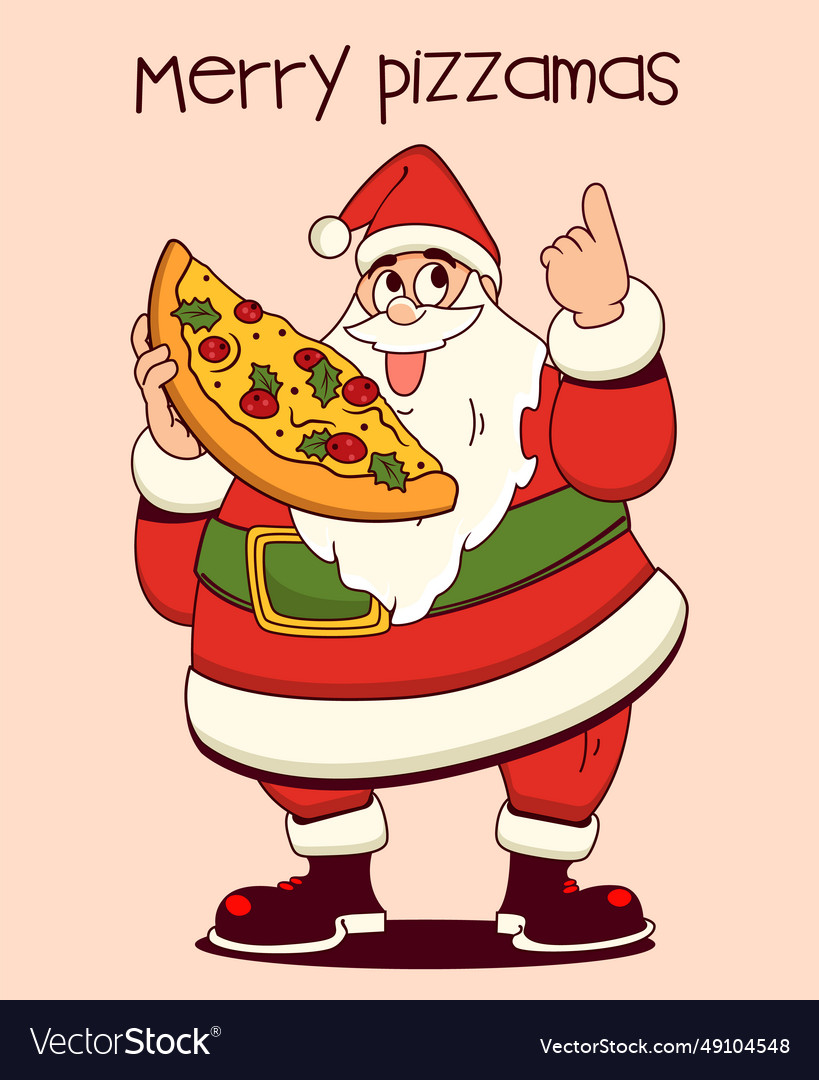 Santa claus hält ein Stück leckere Pizza