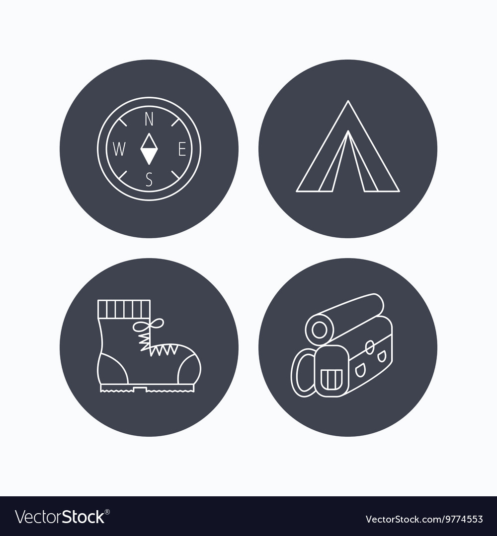 Backpack camping tend and hiking boots icons