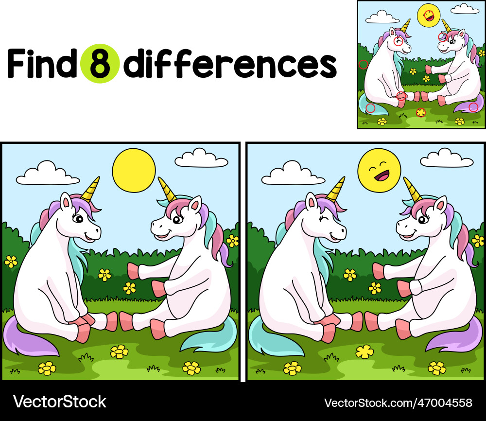 Unicorn together with friend find the differences Vector Image