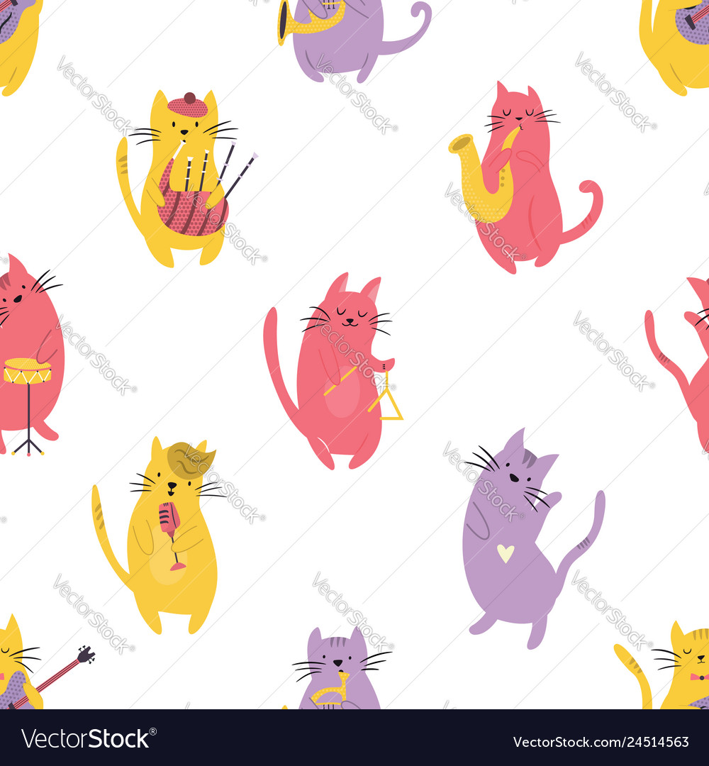 Bright seamless pattern with funny cats musicians