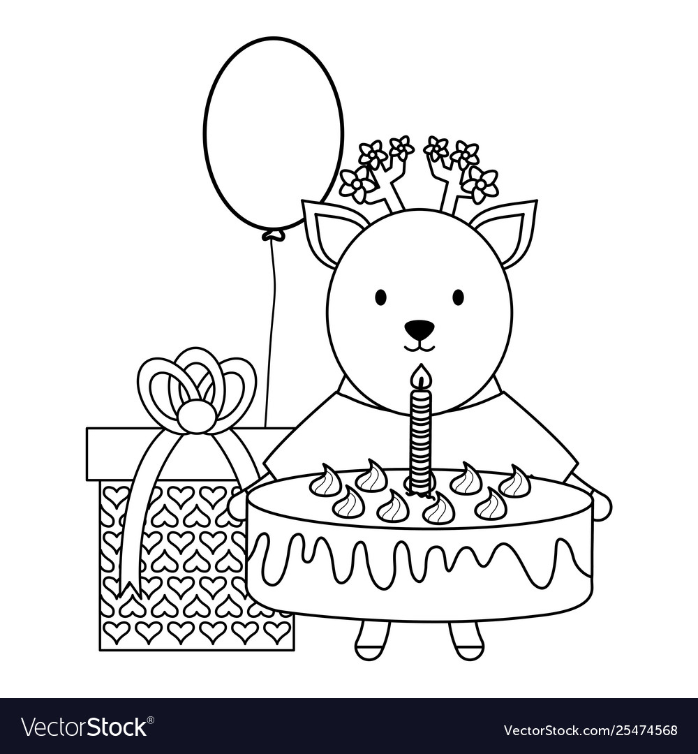 Cute reindeer with sweet cake and gift in party