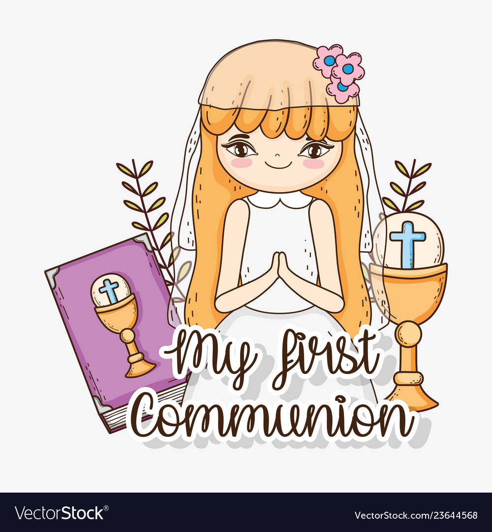 Girl first communion with bibble and chalice Vector Image