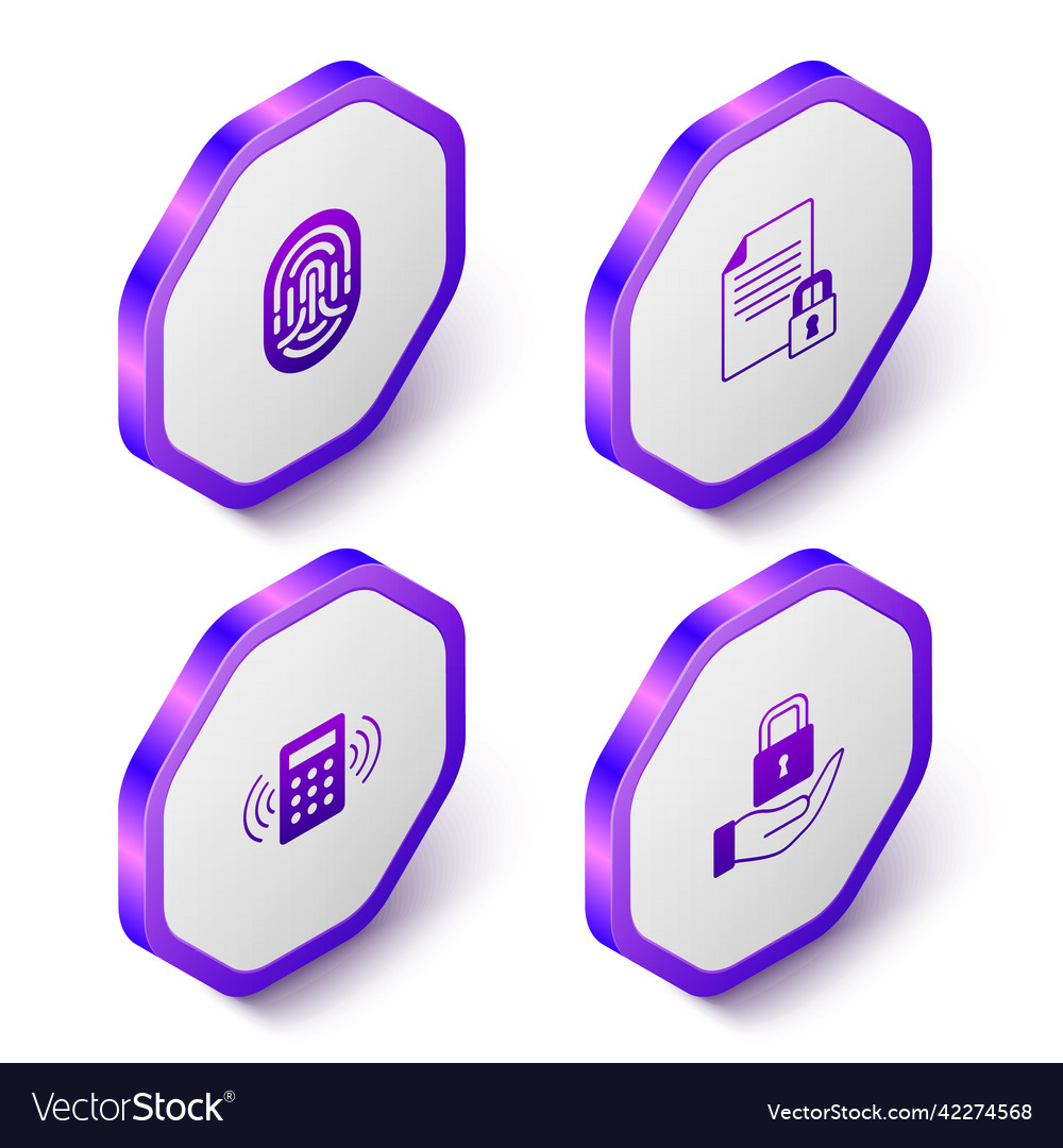Set isometric fingerprint document and lock vector image Set isometric fingerprint document and lock