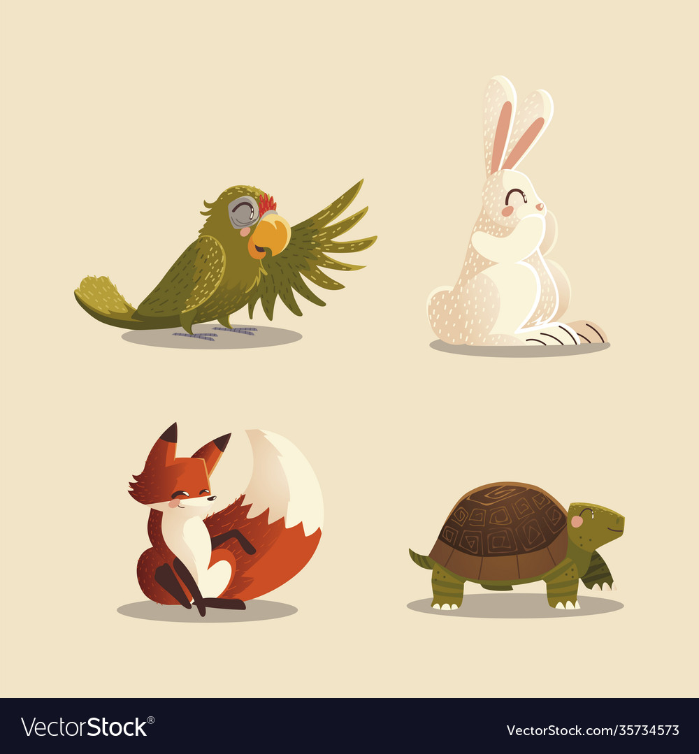 Cartoon animals parrot rabbit fox and turtle Vector Image