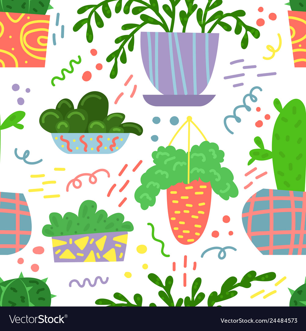 Cute seamless pattern with house plants