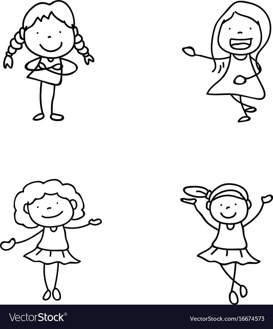 Set of hand drawing abstract happy cute girls