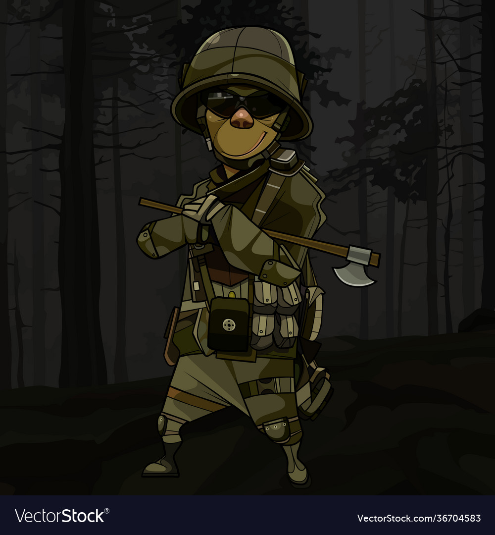 An armed cartoon soldier in a helmet stands Vector Image