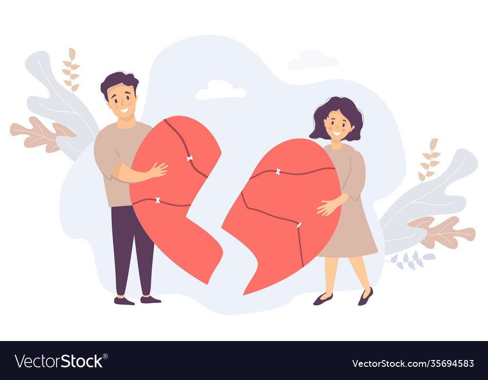 Couple people is holding broken halves heart