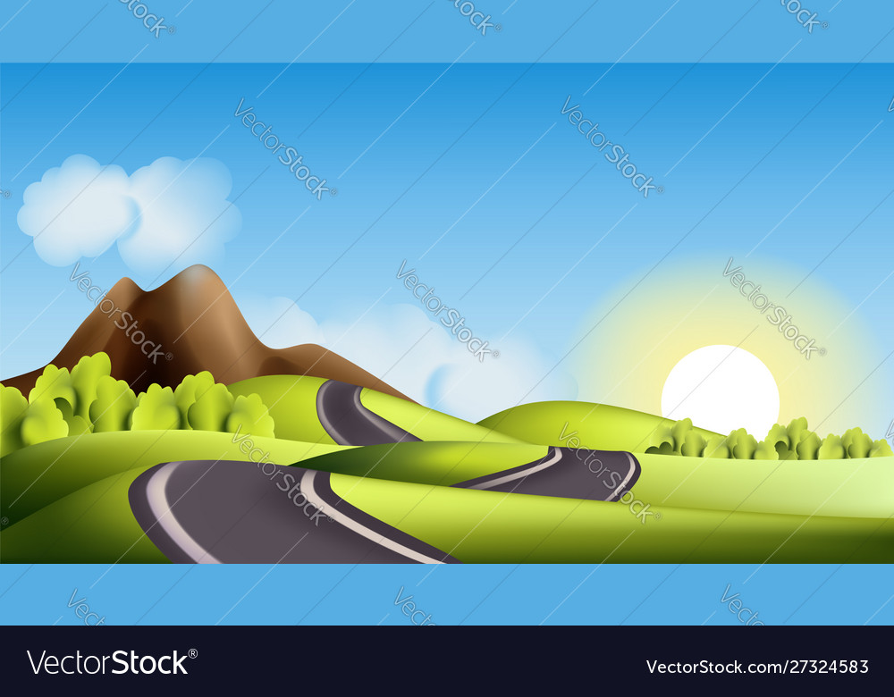 Landscape with hills road and sun Royalty Free Vector Image