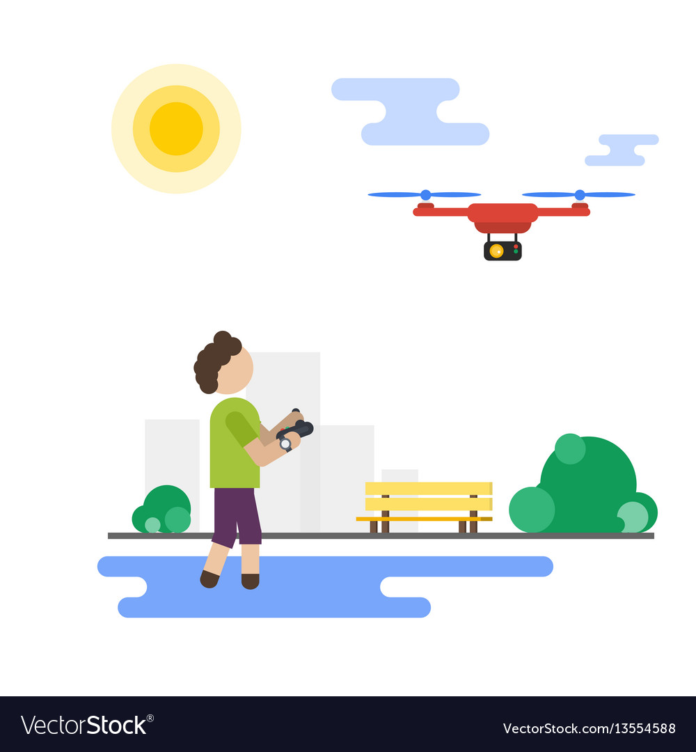 Flat boy playing with flying drone in the park