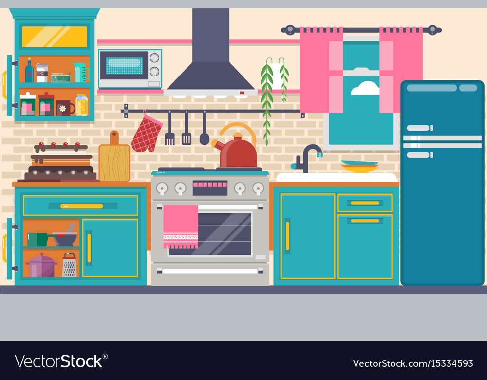 Kitchen interior with furniture utensils food