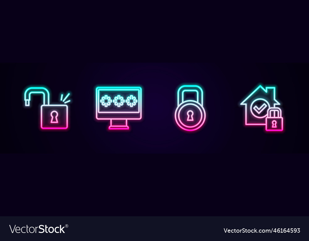 Set line open padlock monitor with password lock vector image Set line open padlock monitor with password lock