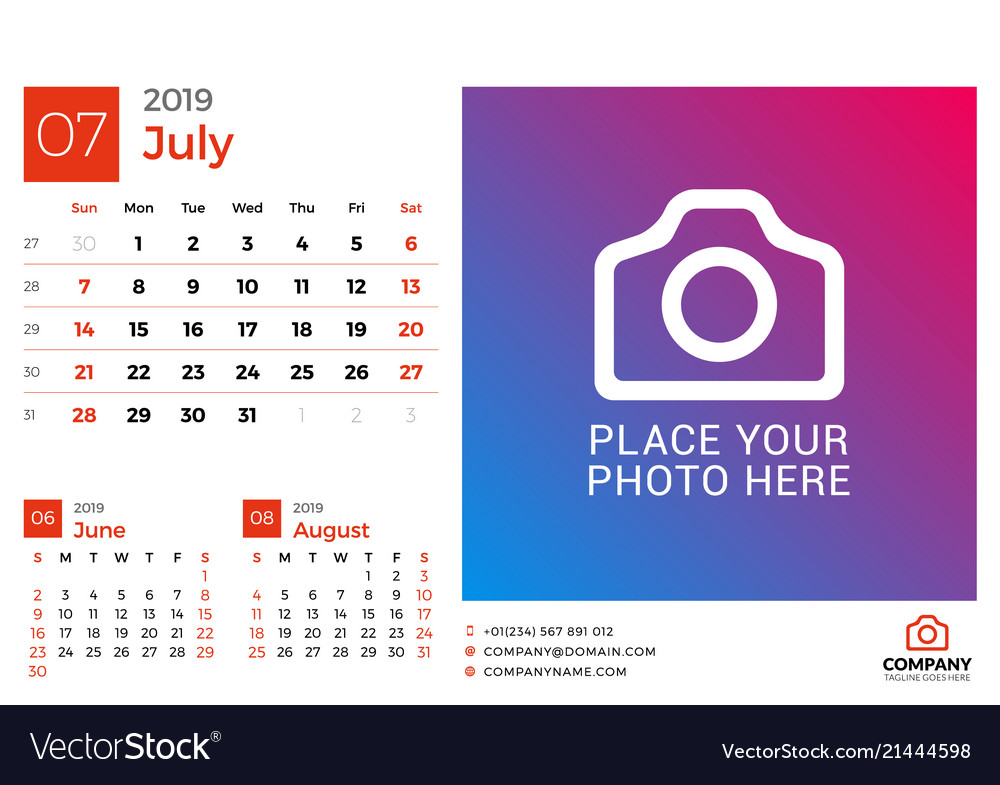 Calendar for july 2019 design print template