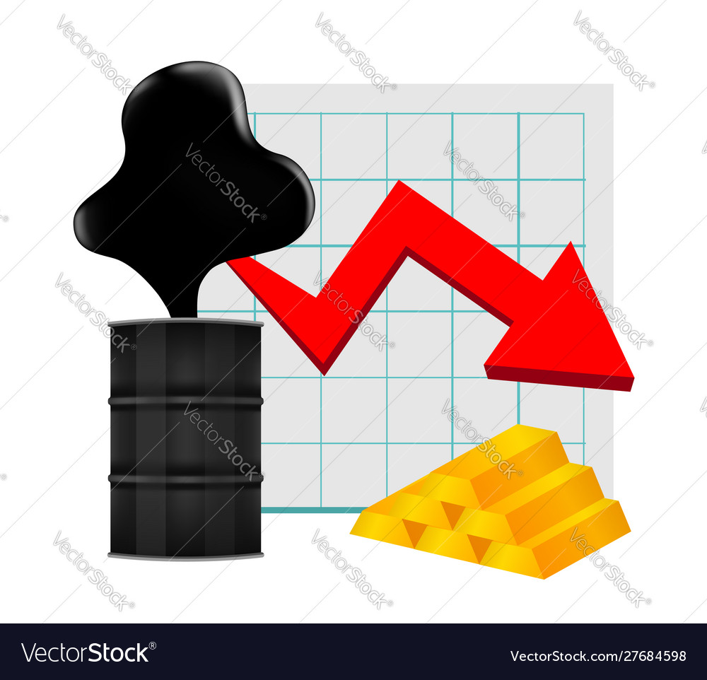 Crude oil with falling graph and gold bar symbol