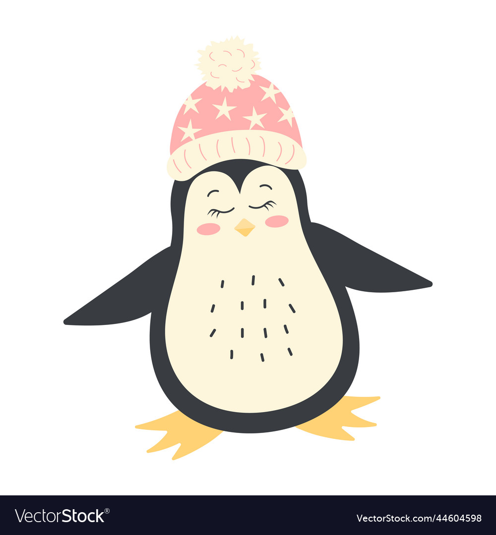 Cute funny penguin in a pink winter hat