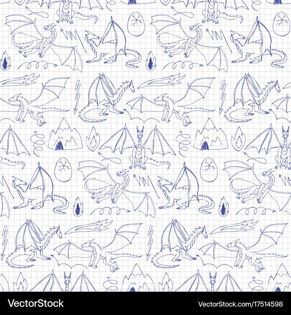 Dragons doodle seamless pattern Royalty Free Vector Image