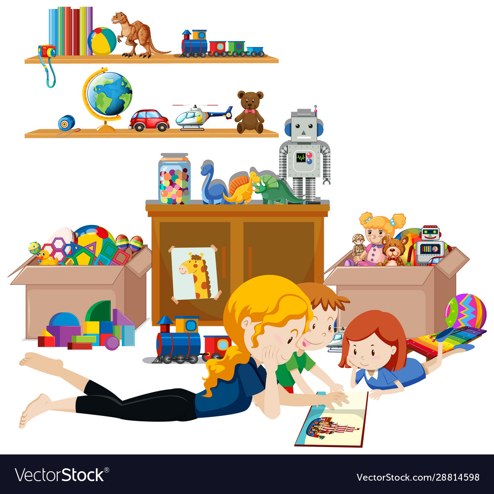 Shelf full books and toys on white background Vector Image