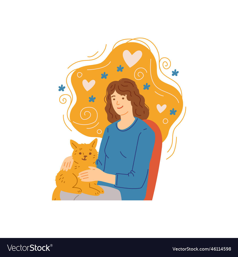 Woman pets a cat lying on her lap flat cartoon Vector Image