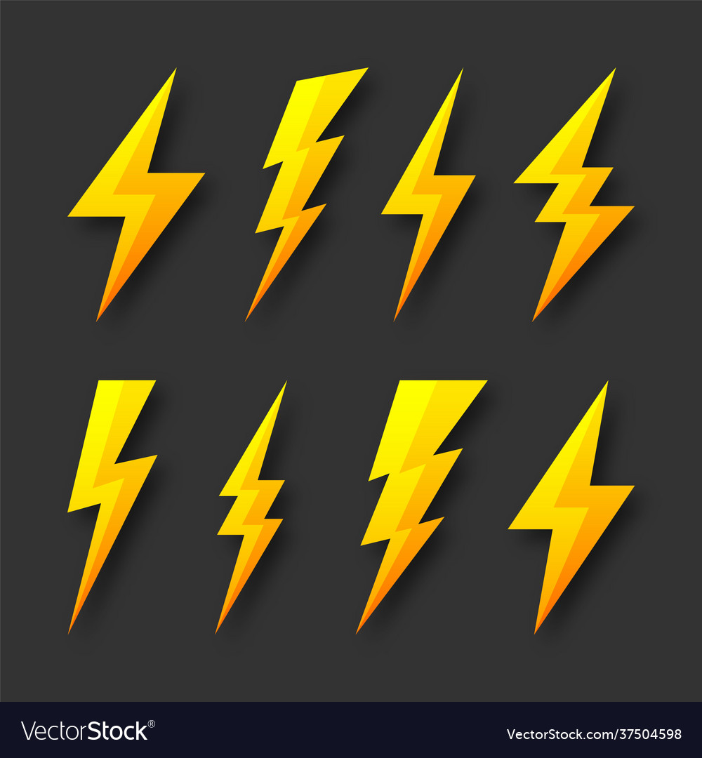 Yellow lightning bolt icons collection flash vector image Yellow lightning bolt icons collection flash