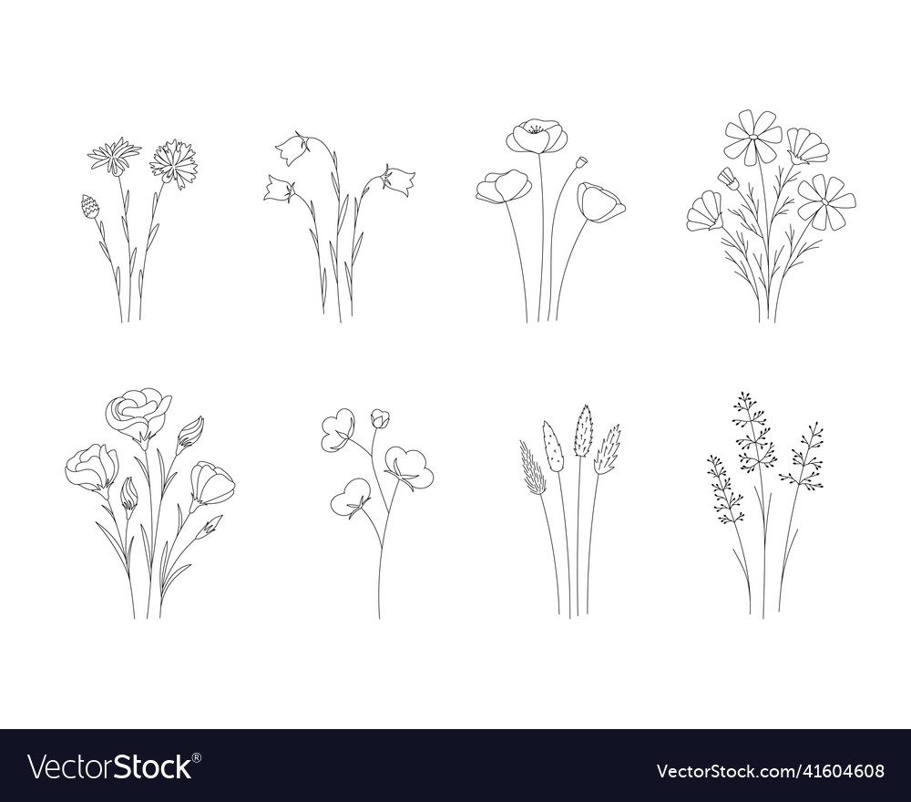 Set doodle wildflowers black and white with line vector image Set doodle wildflowers black and white with line